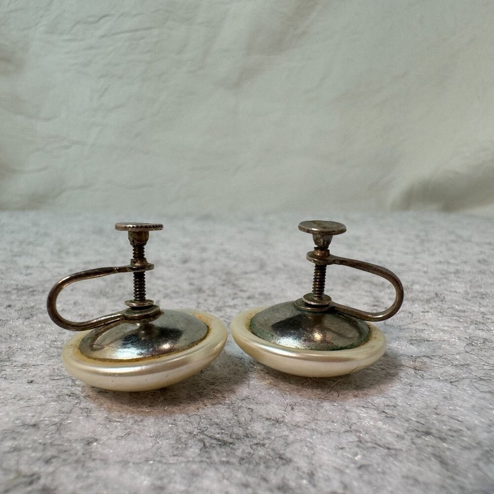 Vintage Sterling Silver & Faux Pearl Clip-On Earrings MCM Button shaped - Picture 8 of 10